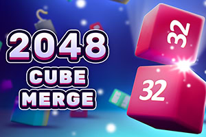 Κείμενο «2048 CUBE MERGE» δίπλα σε δύο ροζ κύβους με τον αριθμό 32 σε μπλε φόντο με φωτεινά εφέ