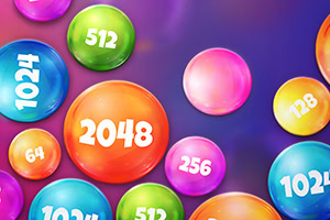 Πολύχρωμες μπάλες με αριθμούς όπως 2048, 1024 και 256 πάνω σε μπλε-μοβ φόντο