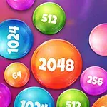 Πολύχρωμες μπάλες με αριθμούς όπως 2048, 1024 και 256 πάνω σε μπλε-μοβ φόντο