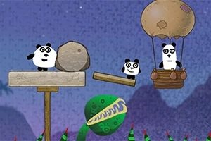 Δύο καρτούν pandas πάνω σε ξύλινες πλατφόρμες με ένα αερόστατο ενώνονται με φόντο ένα μοβ ουρανό