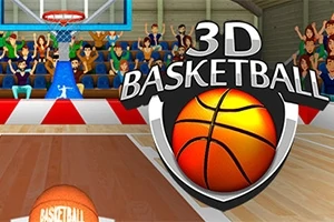 Λογότυπο με μπάλα μπάσκετ και κείμενο 3D Basketball με γήπεδο μπάσκετ στο παρασκήνιο