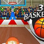 Λογότυπο με μπάλα μπάσκετ και κείμενο 3D Basketball με γήπεδο μπάσκετ στο παρασκήνιο