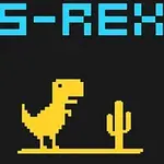 Κίτρινος δεινόσαυρος σε στυλ pixel δίπλα σε κάκτο με τη λέξη S-REX από πάνω, σε μαύρο φόντο