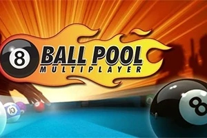8 Ball Pool Multiplayer Μπάλα μπιλιάρδου με τον αριθμό 8 σε τραπέζι, με φλεγόμενο πορτοκαλί φόντο και τη λέξη Multiplayer