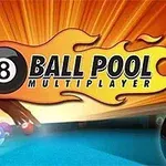 8 Ball Pool Multiplayer Μπάλα μπιλιάρδου με τον αριθμό 8 σε τραπέζι, με φλεγόμενο πορτοκαλί φόντο και τη λέξη Multiplayer
