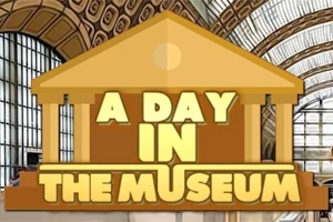 Λογότυπο με την επιγραφή A Day in the Museum μπροστά από ένα σχέδιο μουσείου με κίονες
