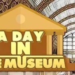 Λογότυπο με την επιγραφή A Day in the Museum μπροστά από ένα σχέδιο μουσείου με κίονες