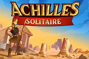 Αρχαίος Έλληνας πολεμιστής με δόρυ μπροστά σε ναό και ερειπωμένο τοπίο, με τον τίτλο «ACHILLES SOLITAIRE» στον ουρανό