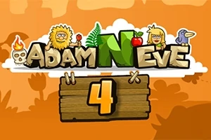 Κινούμενο σχέδιο με τίτλο Adam & Eve και τον αριθμό 4 σε ξύλινη πινακίδα, με ποικιλία χαρακτήρων και αντικειμένων σε πορτοκαλί φόντο