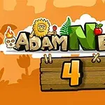 Κινούμενο σχέδιο με τίτλο Adam & Eve και τον αριθμό 4 σε ξύλινη πινακίδα, με ποικιλία χαρακτήρων και αντικειμένων σε πορτοκαλί φόντο
