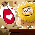 Κατάσταση: Κινούμενος χαρακτήρας σπηλαιανθρώπου με ξανθά μαλλιά και μεγάλα μάτια, δίπλα σε μπουκάλι ελιξίριο με καρδιά, πάνω σε καφέ υπόβαθρο με γραμμές και καρδιές