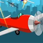 Κόκκινο αεροπλάνο σε πτήση με φλεγόμενη ουρά, περιστασιακά συμμετέχοντας σε αερομαχία πάνω από ουρανοξύστες