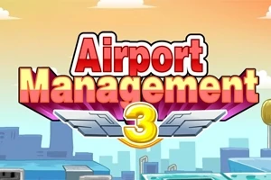 Κεντρικός τίτλος Airport Management 3 με φτερά αεροπλάνου σε φόντο πόλης