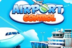 Αεροπλάνο με πύργο ελέγχου αεροδρομίου στο φόντο με σύννεφα και τον τίτλο Airport Control
