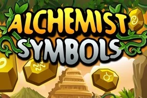 Τίτλος Alchemist Symbols με φόντο εξάγωνα σύμβολα και φυσικά στοιχεία