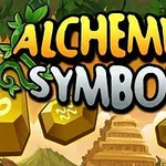 Τίτλος Alchemist Symbols με φόντο εξάγωνα σύμβολα και φυσικά στοιχεία
