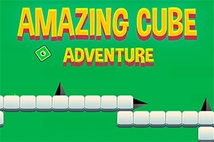 Εικόνα με τον τίτλο AMAZING CUBE ADVENTURE σε πράσινο φόντο, με λευκά τετράγωνα και μαύρα τρίγωνα