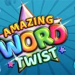 Μια πολύχρωμη εικόνα με την κεντρική φράση Amazing Word Twist κινούμενη πάνω από μπλοκ με γράμματα σε μπλε φόντο