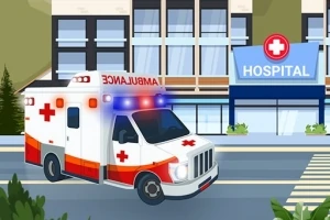 Ασθενοφόρο με φωτεινές ενδείξεις που πλησιάζει νοσοκομείο με φόντο κτίριο και πινακίδα