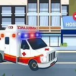 Ασθενοφόρο με φωτεινές ενδείξεις που πλησιάζει νοσοκομείο με φόντο κτίριο και πινακίδα