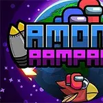 Γραφικά βιντεοπαιχνιδιού με πολύχρωμους χαρακτήρες και γράμματα, μπροστά από έναν πλανήτη με πυραύλους και έναν κόκκινο χαρακτήρα πουλιού