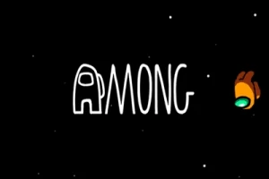Η εικόνα περιλαμβάνει τη λέξη AMONG σε λευκό χρώμα με σκίτσο σχήματος αστροναύτη στο μαύρο φόντο, δίπλα σε έναν καφέ χαρακτήρα
