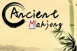Κινεζικός καλλιγραφικός τίτλος με την επιγραφή Ancient Mahjong δίπλα σε πράσινο μπαμπού και φύλλα σε απαλό φόντο