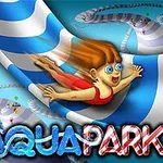Γυναίκα σε κόκκινο μαγιό γλιστρά σε υδάτινη τσουλήθρα με μπλε και λευκές ρίγες, με φόντο το λογότυπο AQUAPARK