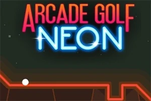 Λαμπερά γράμματα Arcade Golf Neon σε σκούρο φόντο με μια λευκή μπάλα του γκολφ σε λαβυρινθώδη πορεία
