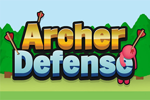 Κείμενο Archer Defense με βέλη και καρτούν φιγούρα μπροστά από φόντο δέντρων