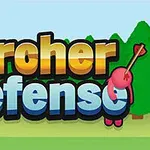Κείμενο Archer Defense με βέλη και καρτούν φιγούρα μπροστά από φόντο δέντρων