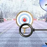 Στόχος τοξοβολίας με στόχαστρο μπροστά σε χιονισμένο τοπίο από απόσταση 30 μέτρων
