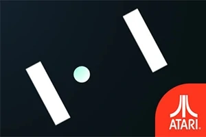 Δύο λευκές ράβδοι και μία λευκή μπάλα σε μαύρο φόντο με το λογότυπο της Atari στο κάτω δεξιό μέρος