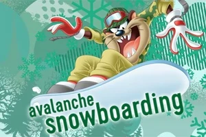 Ένας καρτουνίστικος χαρακτήρας κάνει snowboard με ενθουσιασμό σε έναν πολύχρωμο φόντο με τη λέξη avalanche snowboarding