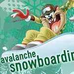 Ένας καρτουνίστικος χαρακτήρας κάνει snowboard με ενθουσιασμό σε έναν πολύχρωμο φόντο με τη λέξη avalanche snowboarding