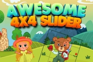 Τίτλος AWESOME 4X4 SLIDER με ένα ζωγραφιστό κορίτσι και αρκούδο σε ένα πολύχρωμο τοπίο με βουνά και δέντρα