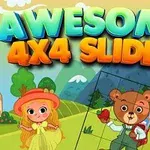 Τίτλος AWESOME 4X4 SLIDER με ένα ζωγραφιστό κορίτσι και αρκούδο σε ένα πολύχρωμο τοπίο με βουνά και δέντρα