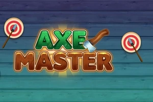 Το κείμενο AXE MASTER σε πράσινη και χρυσή γραφή, με δύο στόχους αριστερά και δεξιά, σε πολύχρωμο ξύλινο φόντο