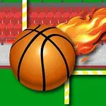 Μία μπάλα μπάσκετ με φλόγες σε ένα πράσινο γήπεδο με κόκκινες κερκίδες