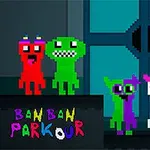 Τέσσερις πολύχρωμες, μικρές, pixelated φιγούρες στέκονται μπροστά από μία μεγάλη μπλε πόρτα με την επιγραφή BanBan Parkour κάτω αριστερά