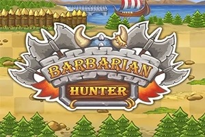 Λογότυπο με τις λέξεις Barbarian Hunter σε ένα σκηνικό με δάσος, ποτάμι και ένα πλοίο