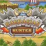 Λογότυπο με τις λέξεις Barbarian Hunter σε ένα σκηνικό με δάσος, ποτάμι και ένα πλοίο