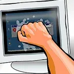 Χέρι χτυπά οθόνη υπολογιστή με παραθυρικό λογισμικό