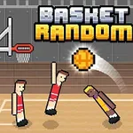 Αντίπαλες ομάδες pixel art παίζουν μπάσκετ σε γήπεδο με δύο μπασκέτες, με τον τίτλο Basket Random στο επάνω μέρος