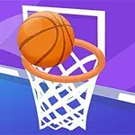 Μία πορτοκαλί μπάλα μπάσκετ μπαίνει σε ένα καλάθι με μωβ πίσω ταμπλό
