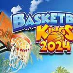 Καλάθι μπάσκετ και μπάλα μπάσκετ με φοίνικες στο φόντο και το κείμενο Basketball Kings 2024