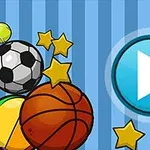 Μπάλες διαφόρων αθλημάτων ανάμεσα σε χρυσά αστέρια μπροστά από ένα μπλε φόντο με ρίγες και μεγάλο εικονίδιο αναπαραγωγής
