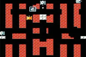 Battle City Διάταξη με κόκκινους τοίχους από τούβλα σε μαύρο φόντο με εικονίδια οχημάτων
