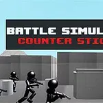 Μαύρες και κόκκινες φιγούρες stickman κρατούν όπλα και κινούνται μπροστά από γκρίζα δομικά στοιχεία με φόντο τον ουρανό