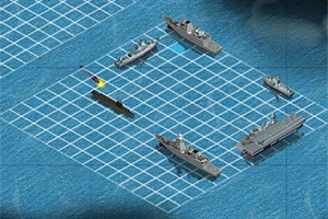 Πλέγμα με πλοία σε γαλάζια θάλασσα που δείχνει μια στρατηγική διάταξη, με ένα πλοίο να δέχεται επίθεση